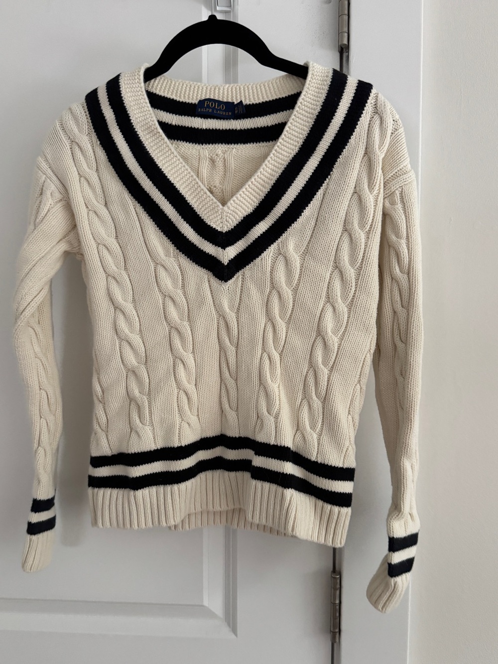 Polo Ralph Lauren Women XS Cricket Sweater Cream Cable Knit Cotton V-Neck
